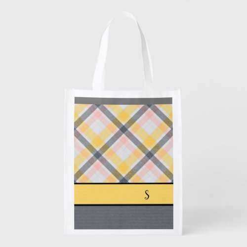 Gray and Yellow Plaid Monogram Grocery Bag