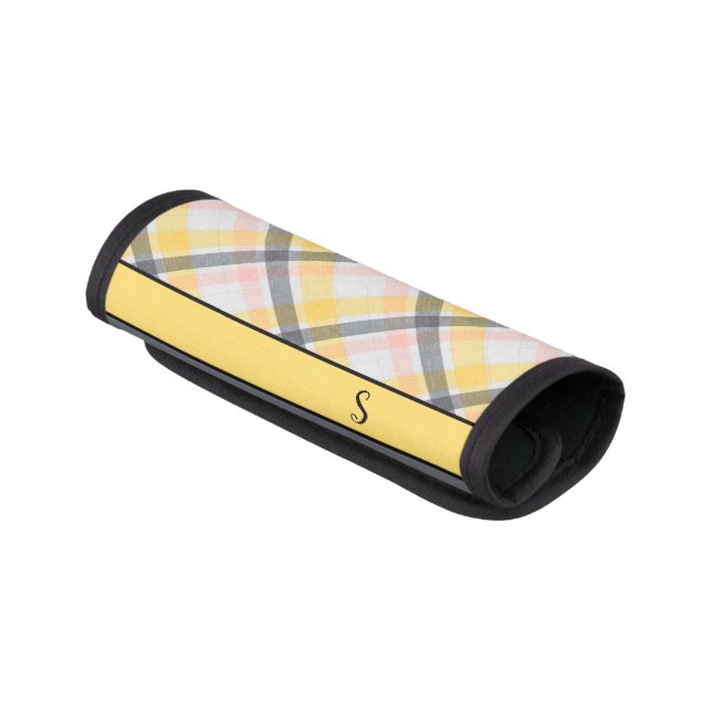 Gray and Yellow Plaid Monogram Luggage Handle Wrap (Angled)