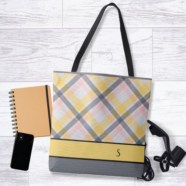 Gray and Yellow Plaid Monogram Tote Bag (Creator Uploaded)