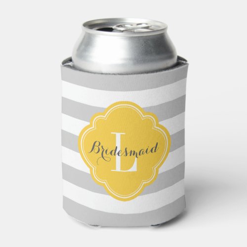 Gray and Yellow Preppy Stripes Monogram Can Cooler
