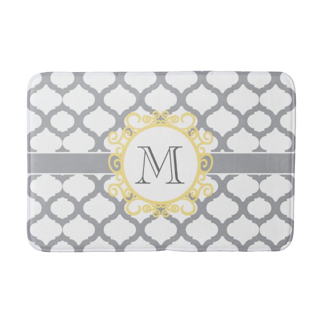 Gray and Yellow Quatrefoil Monogram Bath Mat (Front)