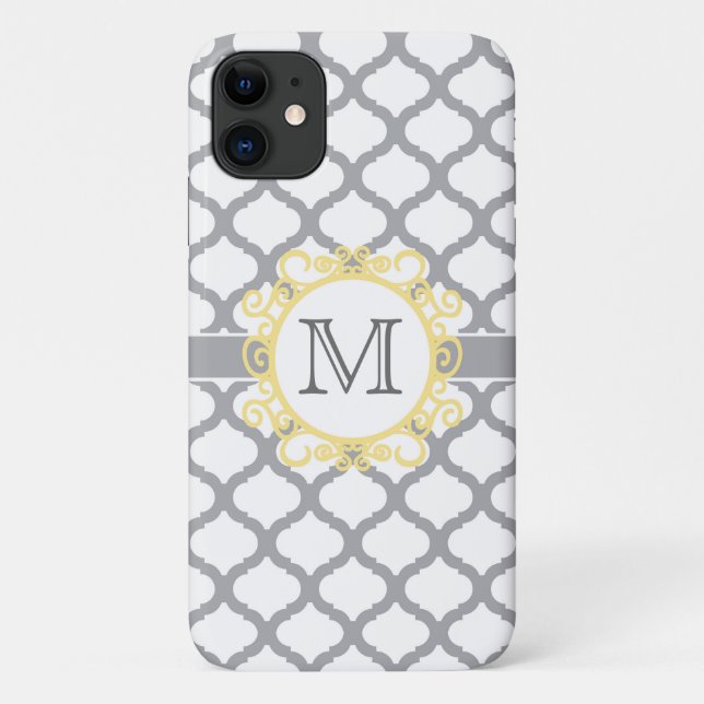 Gray and Yellow Quatrefoil Monogram Case-Mate iPhone Case (Back)