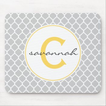 Gray And Yellow Quatrefoil Monogram Mouse Pad by snowfinch at Zazzle