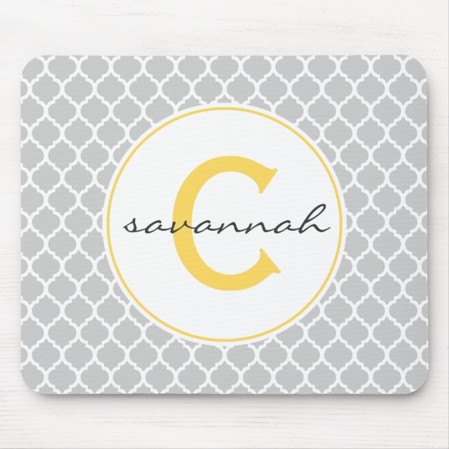 Gray and Yellow Quatrefoil Monogram Mouse Pad (Front)