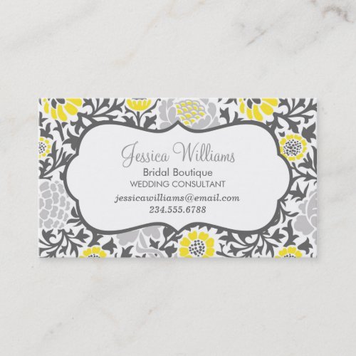 Gray and Yellow Retro Floral Damask Business Card Template