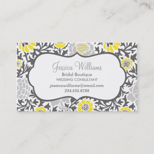Customizable Gray and Yellow Retro Floral Damask Business Card Template