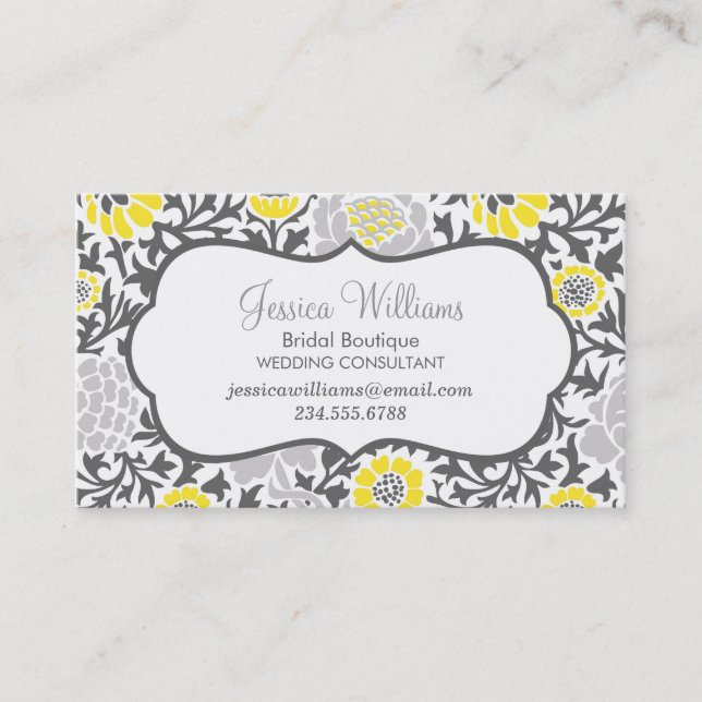 Gray and Yellow Retro Floral Damask Business Card (Front)