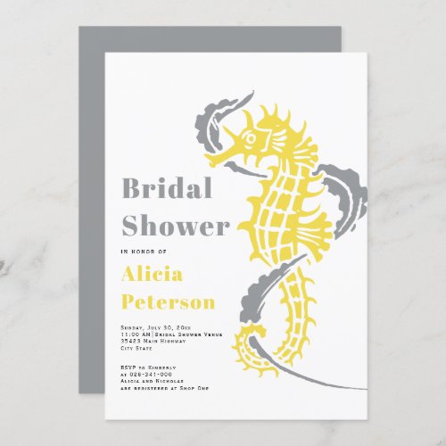 Gray and yellow seahorse beach bridal shower invitation