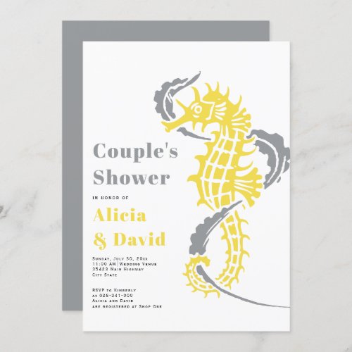 Gray and yellow seahorse beach couples shower invitation