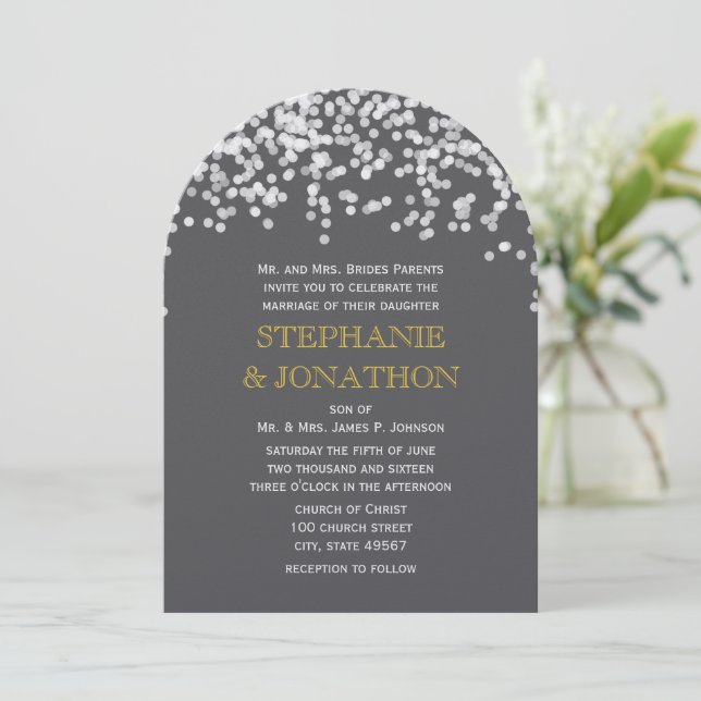 Gray and Yellow Shooting Stars Wedding Invitations (Standing Front)