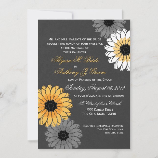 Gray and Yellow Slate and Flowers Wedding Invitation (Front)