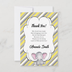 Gray and Yellow Striped Elephant Baby Shower Thank You Card