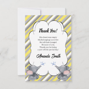 Gray and Yellow Striped Elephant Baby Shower Thank You Card