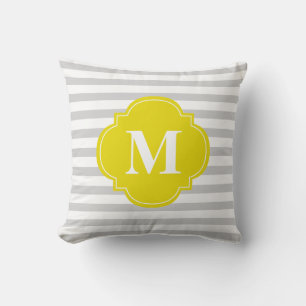 Gray and Yellow Stripes Monogram Throw Pillow