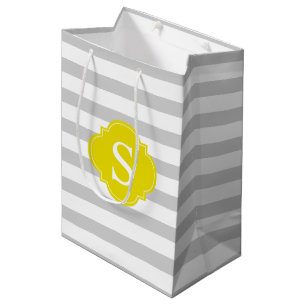 Gray and Yellow Stripes Pattern and Monogram Medium Gift Bag