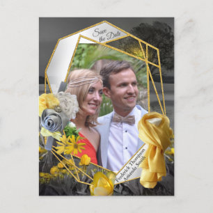 Gray and yellow tulips, daisies with a sunset announcement postcard