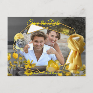 Gray and yellow tulips, daisies with a sunset announcement postcard