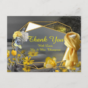 Gray and yellow tulips, daisies with a sunset announcement postcard