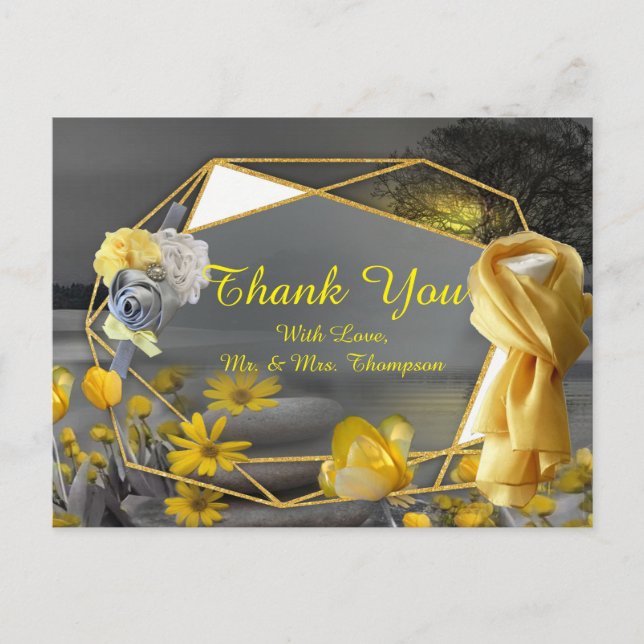 Gray and yellow tulips, daisies with a sunset announcement postcard (Front)