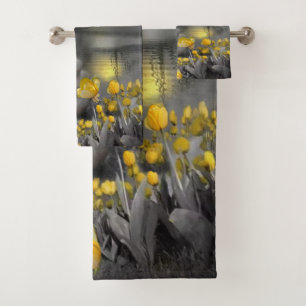 Gray and yellow tulips, daisies with a sunset bath towel set