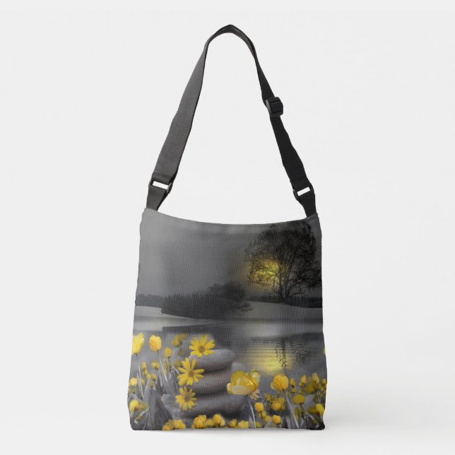 Gray and yellow tulips, daisies with a sunset crossbody bag (Front)