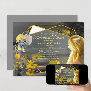 Gray and yellow tulips, daisies with a sunset invitation