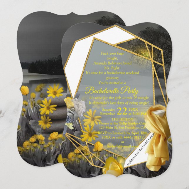 Gray and yellow tulips, daisies with a sunset invitation (Front/Back)