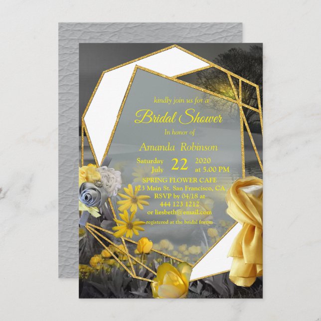 Gray and yellow tulips, daisies with a sunset invitation (Front/Back)