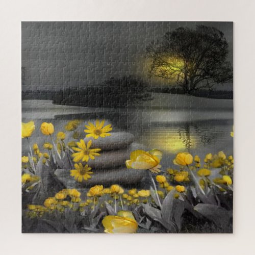 Gray and yellow tulips daisies with a sunset jigsaw puzzle