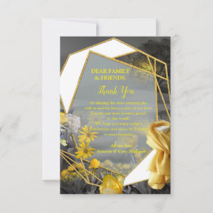 Gray and yellow tulips, daisies with a sunset RSVP card