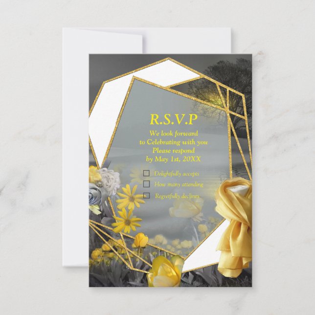 Gray and yellow tulips, daisies with a sunset RSVP card (Front)