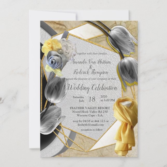 Gray and Yellow tulips on texture Invitation (Front)