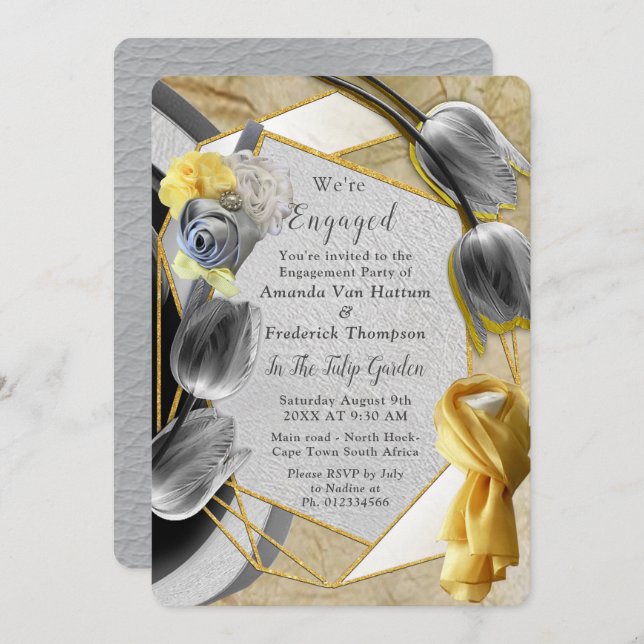 Gray and Yellow tulips on texture. Invitation (Front/Back)