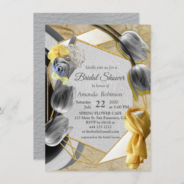 Gray and Yellow tulips on texture Invitation (Front/Back)