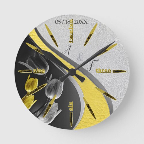 Gray and Yellow tulips on texture Round Clock