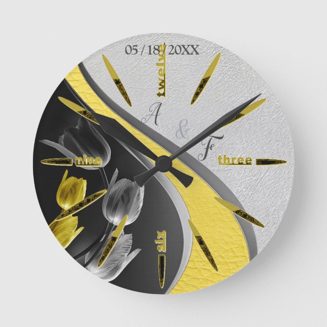 Gray and Yellow tulips on texture. Round Clock (Front)
