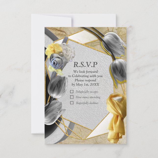 Gray and Yellow tulips on texture RSVP Card (Front)