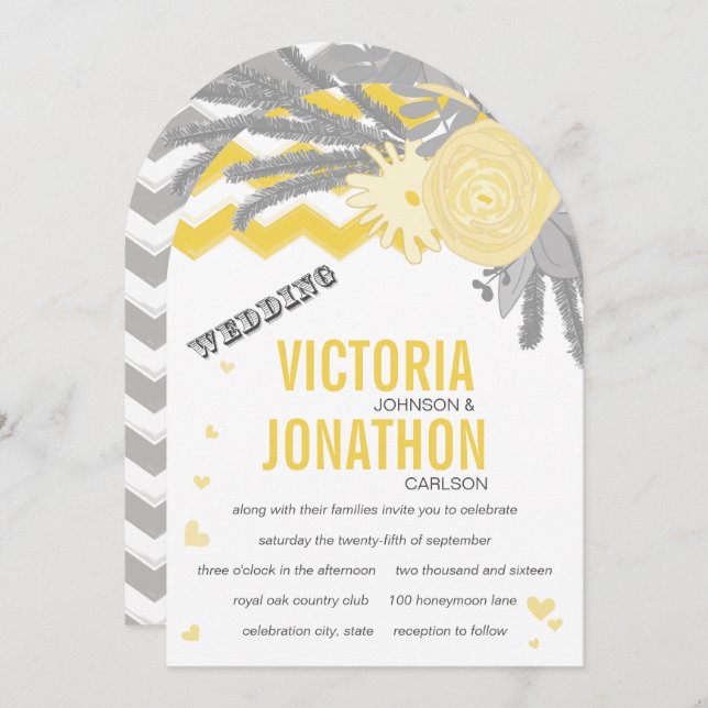 Gray and Yellow Zig Zag Romantic Wedding Invitation (Front/Back)