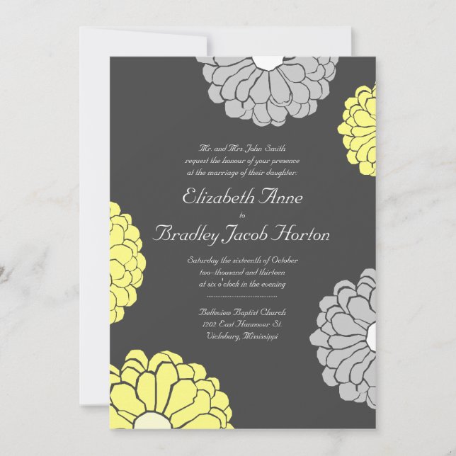 Gray and Yellow Zinnia Flower Wedding Invitation (Front)