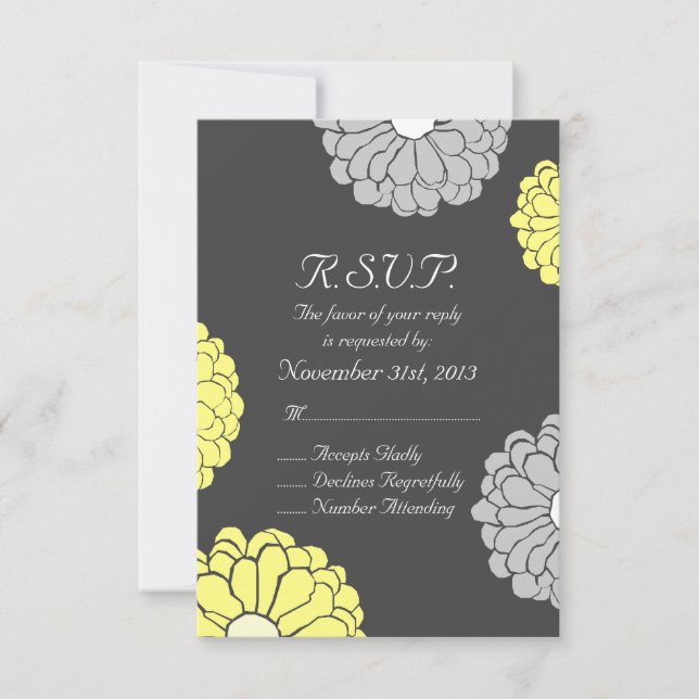 Gray and Yellow Zinnia Flower Wedding RSVP (Front)