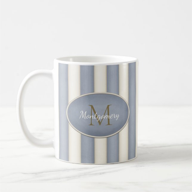 Gray & Antique White Stripes Bronze Monogram Coffee Mug (Left)
