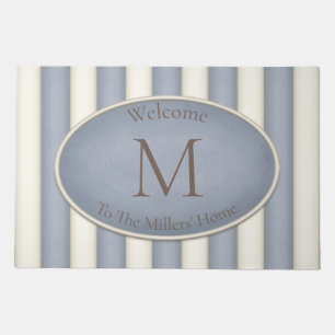 Gray & Antique White Stripes Bronze Monogram Doormat