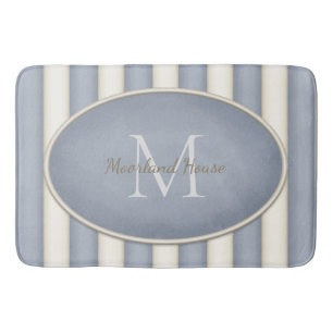 Gray & Antique White Stripes Oval Framed Monogram Bath Mat