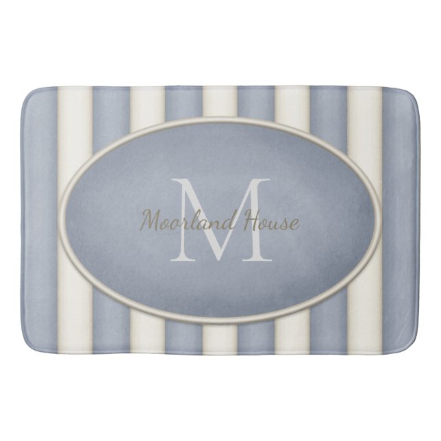 Gray & Antique White Stripes Oval Framed Monogram Bath Mat (Front)