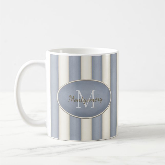 Gray & Antique White Stripes Oval Framed Monogram Coffee Mug (Left)