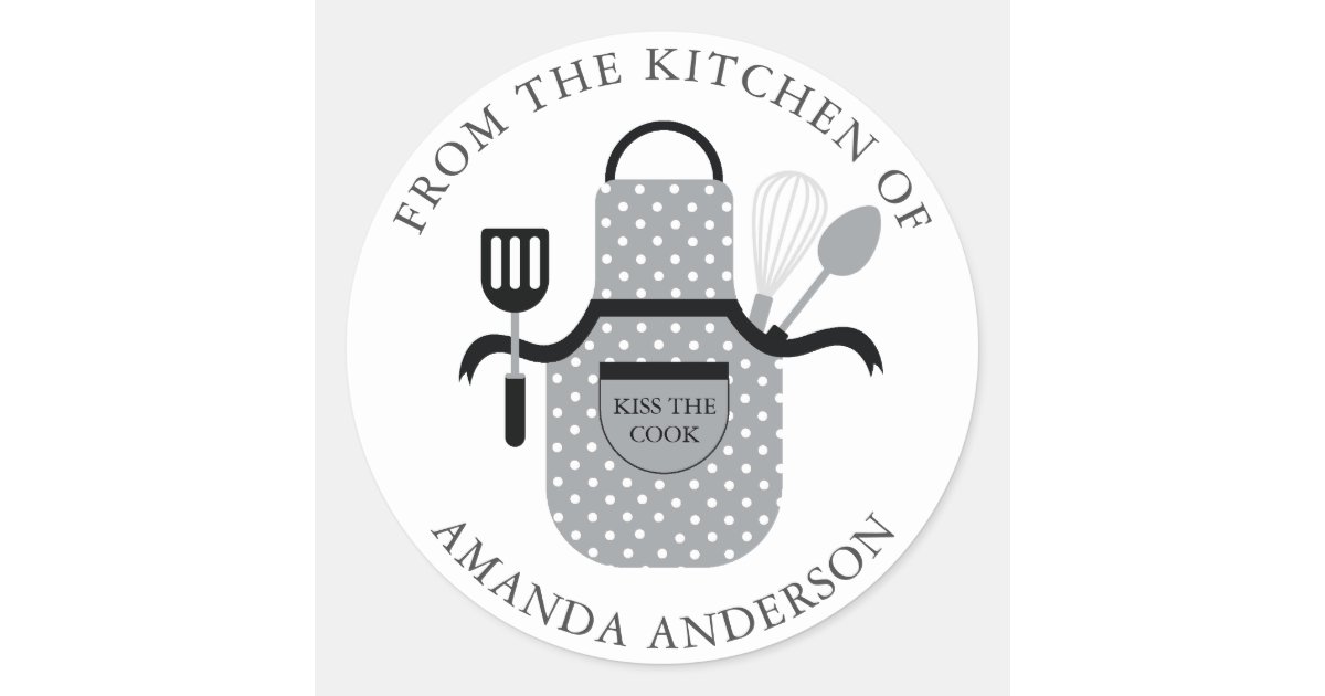Kitchen Apron Sticker Gray Apron Kiss the Cook From the Kitchen of Classic Round Sticker | Zazzle