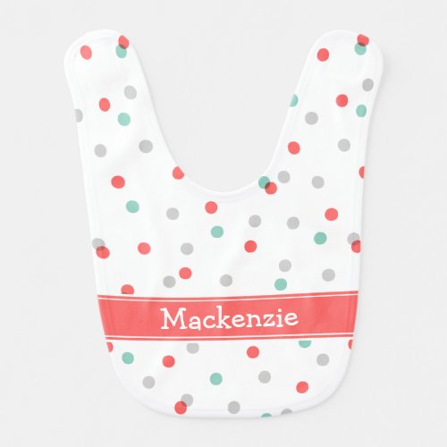 Gray Aqua and Coral Confetti Dots Baby Name Bib