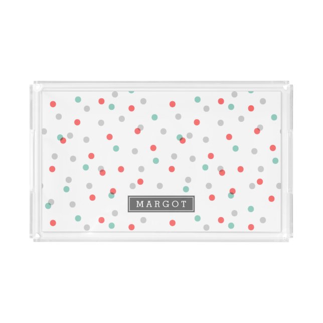 Gray Aqua and Coral Confetti Dots Monogram Acrylic Tray (Front)