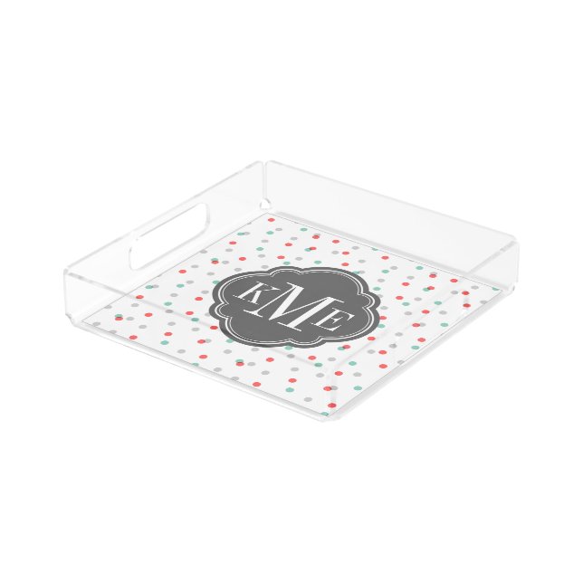 Gray Aqua and Coral Confetti Dots Monogram Acrylic Tray (Angled)