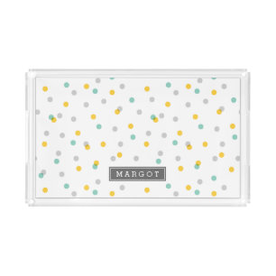 Gray Aqua and Yellow Confetti Dots Monogram Acrylic Tray